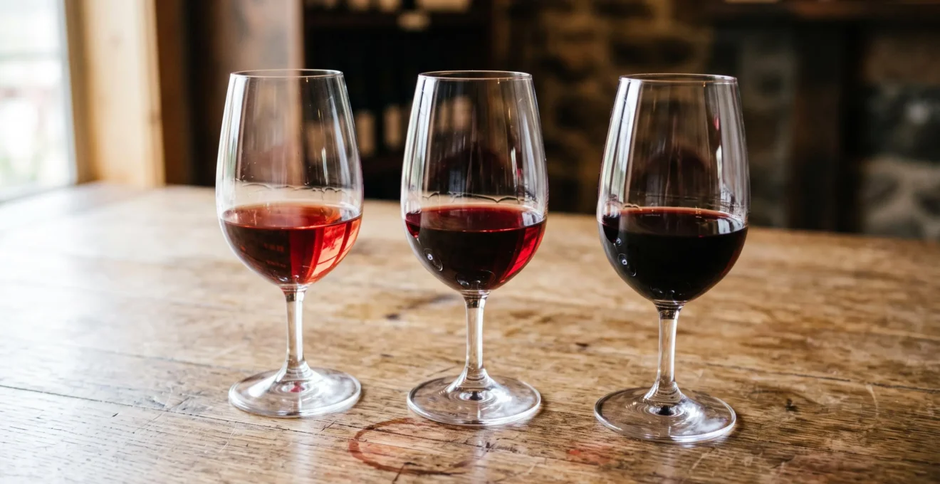 Trois verres de vin rouge présentant des profils différents allant du léger et translucide au tannique et opaque