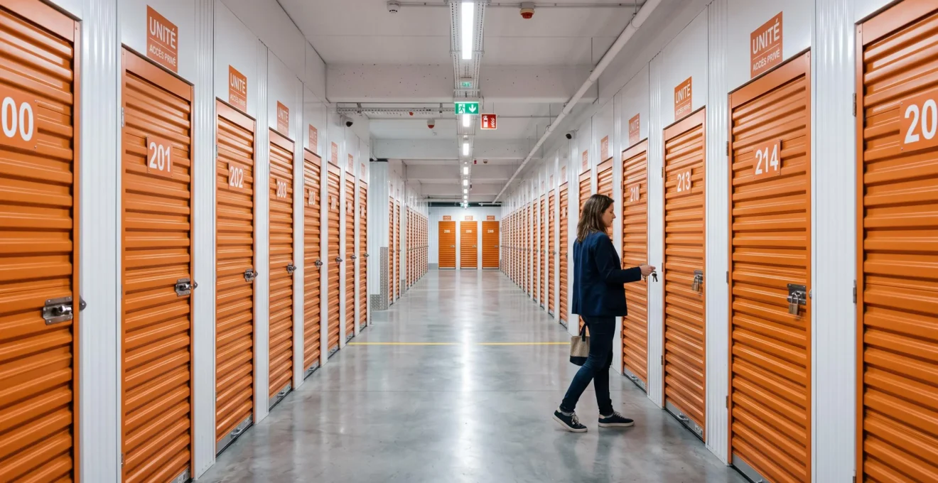 Couloir intérieur d'un centre de stockage moderne avec portes d'unités numérotées et personne accédant à son espace de stockage