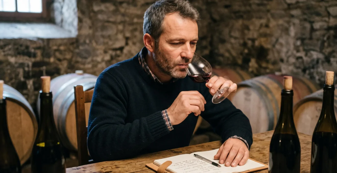 Personne concentrée dégustant du vin rouge lors d'une séance de dégustation dans une cave française traditionnelle