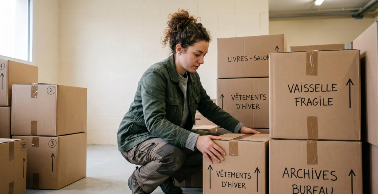 Personne organisant et disposant des cartons de déménagement de différentes tailles pour évaluer les besoins en espace de stockage