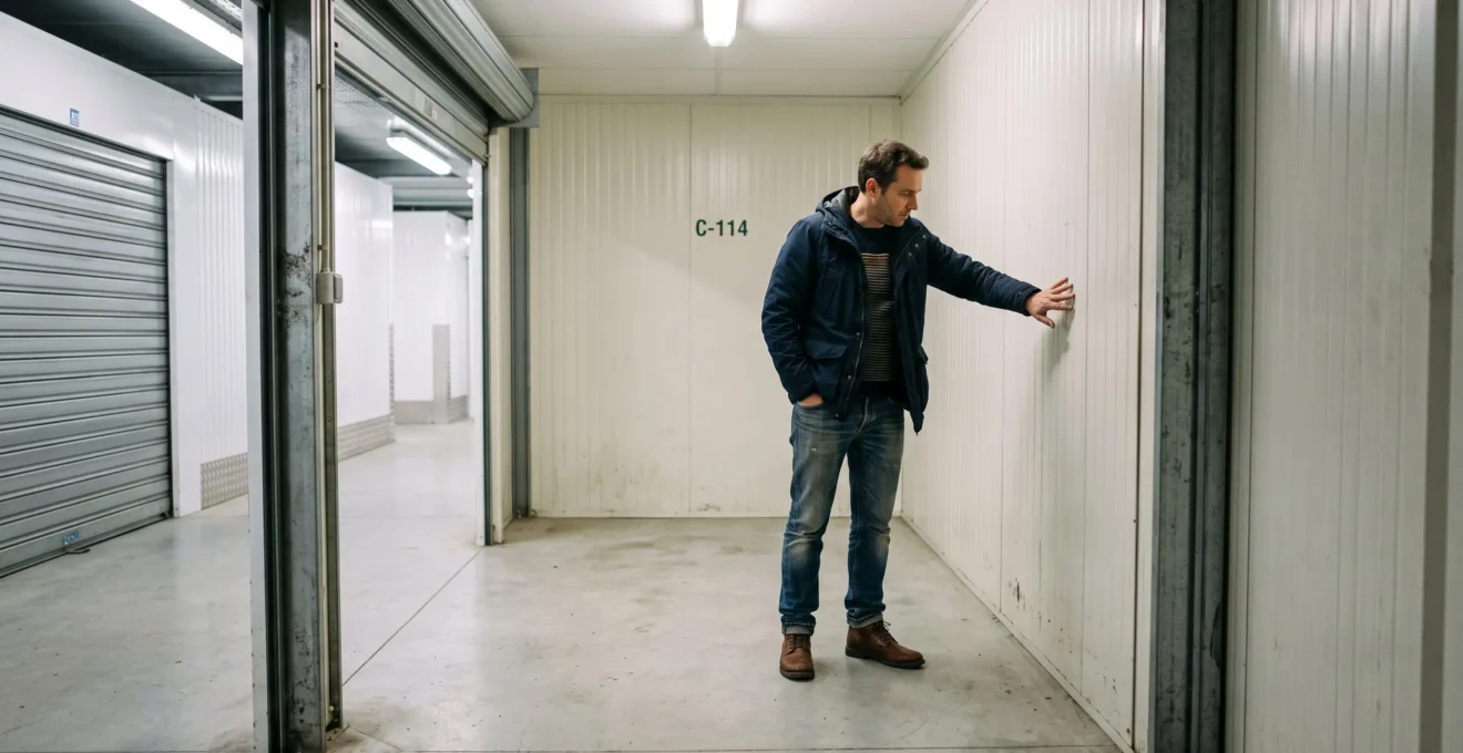 Personne inspectant les murs et le sol d'un box de stockage vide avant location