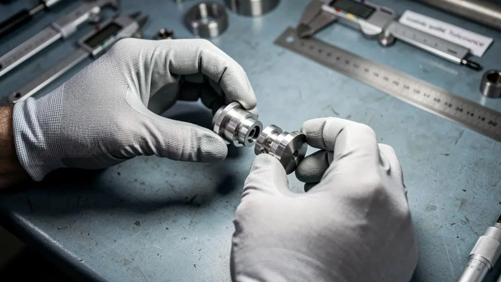 Inspection de pièces métalliques de précision après traitement de surface sur un établi de contrôle qualité.
