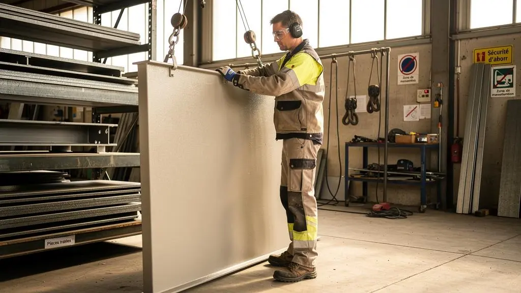 Technicien manipulant une pièce métallique volumineuse après traitement de surface dans un atelier industriel.