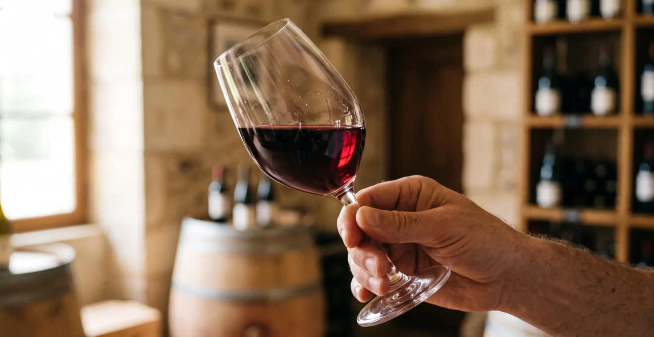 Main tenant un verre de vin rouge à hauteur des yeux pour observer la robe et la transparence du vin