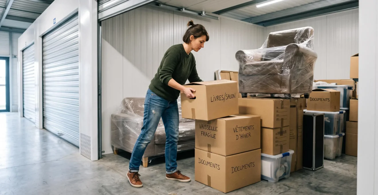 Personne organisant des cartons et des meubles emballés dans un box de stockage