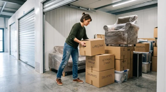 Personne organisant des cartons et des meubles emballés dans un box de stockage