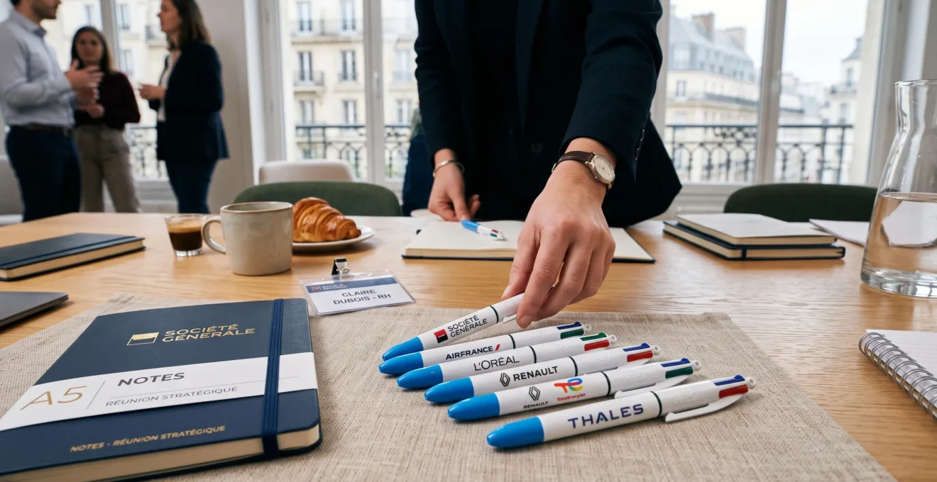 Personne utilisant un stylo BIC 4 couleurs personnalisé pour prendre des notes à son bureau