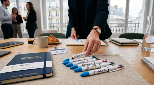 Personne utilisant un stylo BIC 4 couleurs personnalisé pour prendre des notes à son bureau