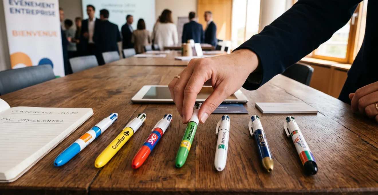 Plusieurs stylos BIC 4 couleurs avec différentes personnalisations de logos d'entreprise sur une table professionnelle