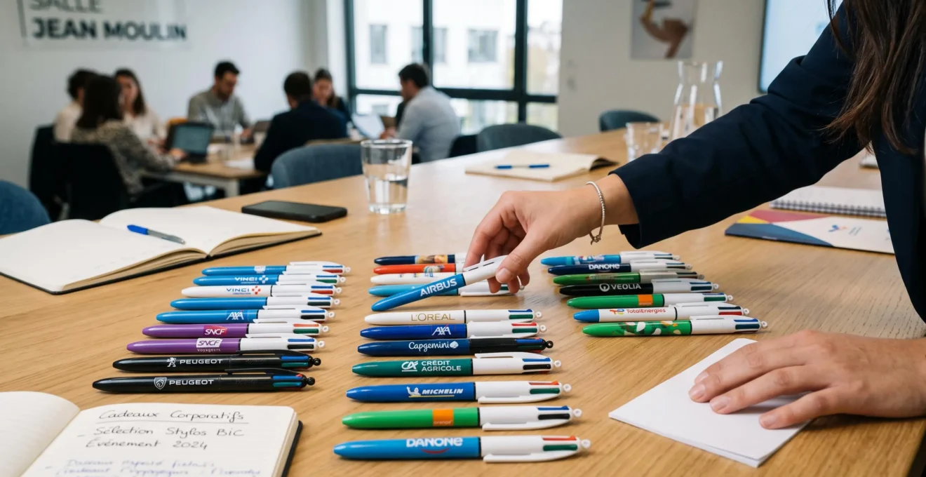 Stylos BIC 4 couleurs personnalisés avec marquage Made in France visible sur un bureau professionnel