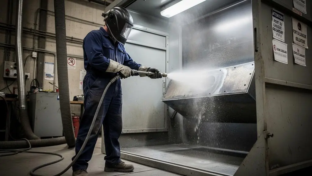 Technicien réalisant une opération de sablage sur une pièce métallique dans une cabine de traitement de surface industriel.