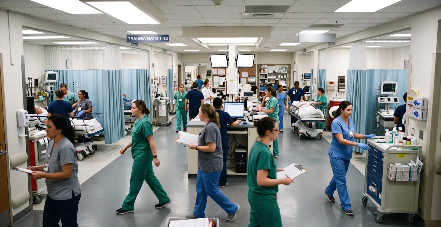 Salle d'urgence d'un hôpital américain avec personnel médical en activité