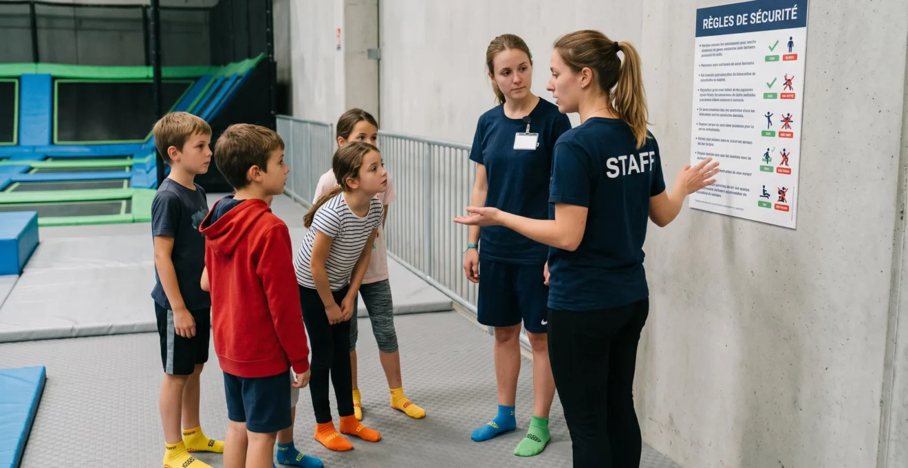 Animateur de trampoline park expliquant les consignes de sécurité à un groupe d'enfants portant des chaussettes antidérapantes