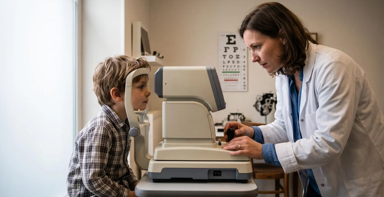 Un opticien mesure la vue d'un jeune garçon assis face à un autorefracteur dans un cabinet d'examen visuel.