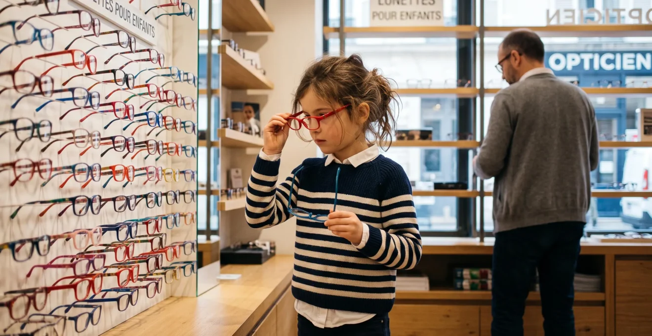 Une fillette d'environ 8 ans compare deux paires de lunettes devant un mur de présentation de montures dans un magasin d'optique.