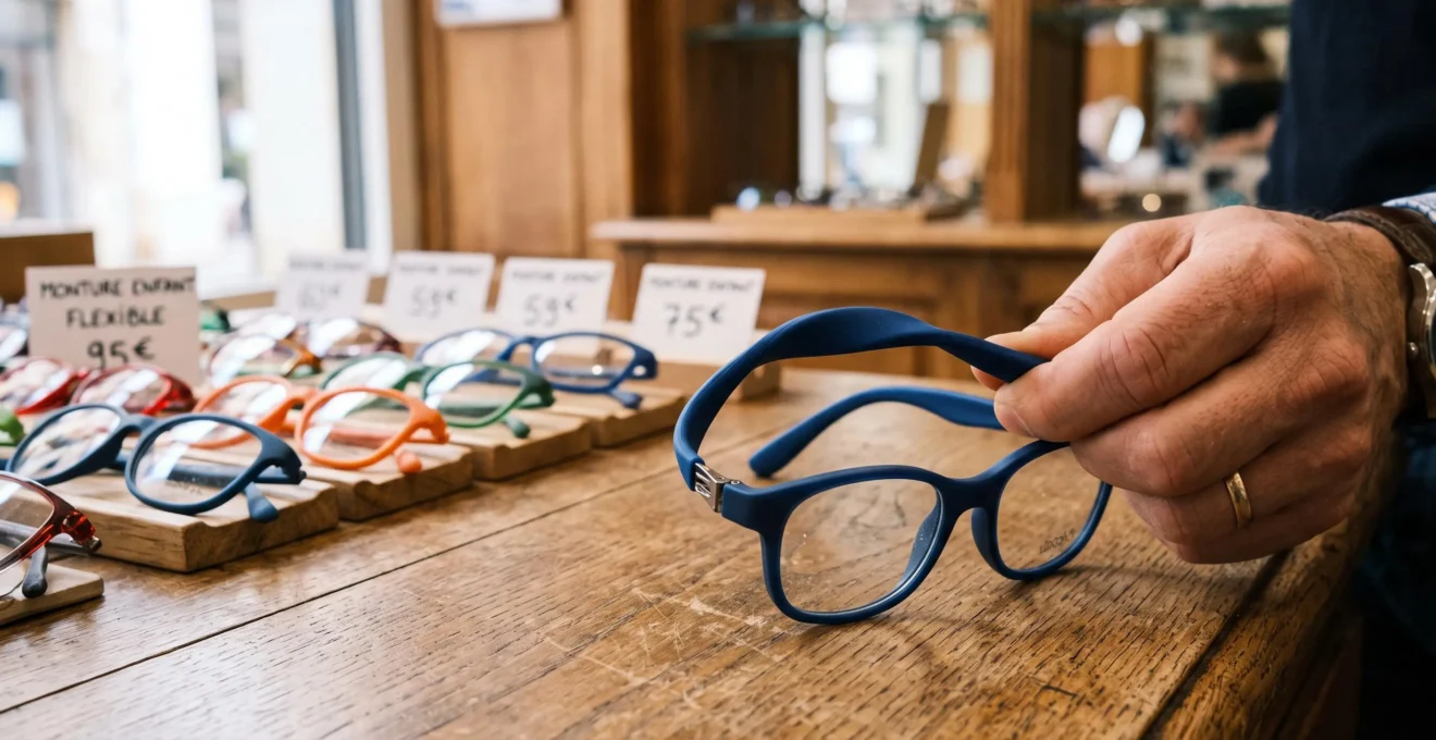 Gros plan sur une main pliant la branche souple en caoutchouc d'une monture de lunettes pour enfant sur un présentoir d'opticien.