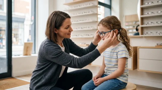 Un opticien ajuste la monture de lunettes d'un enfant assis sur un tabouret dans un magasin d'optique.