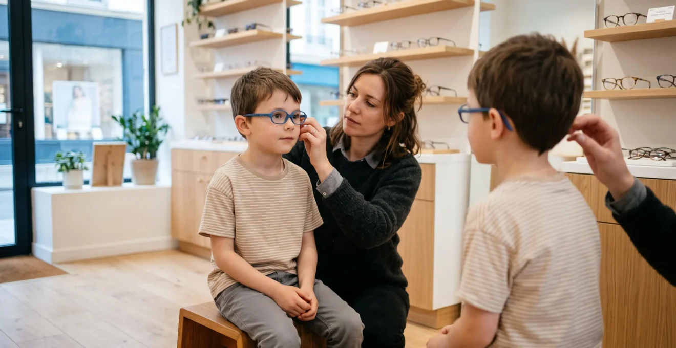 Un opticienne agenouillée ajuste une paire de lunettes sur le visage d'un garçon de 7 ans assis devant le miroir d'un magasin d'optique.