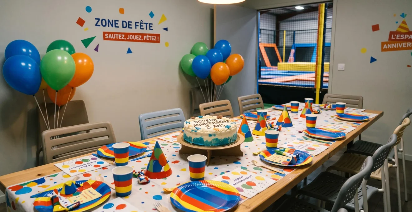 Table d'anniversaire décorée avec gâteau et décorations colorées dans la salle de fête d'un trampoline park