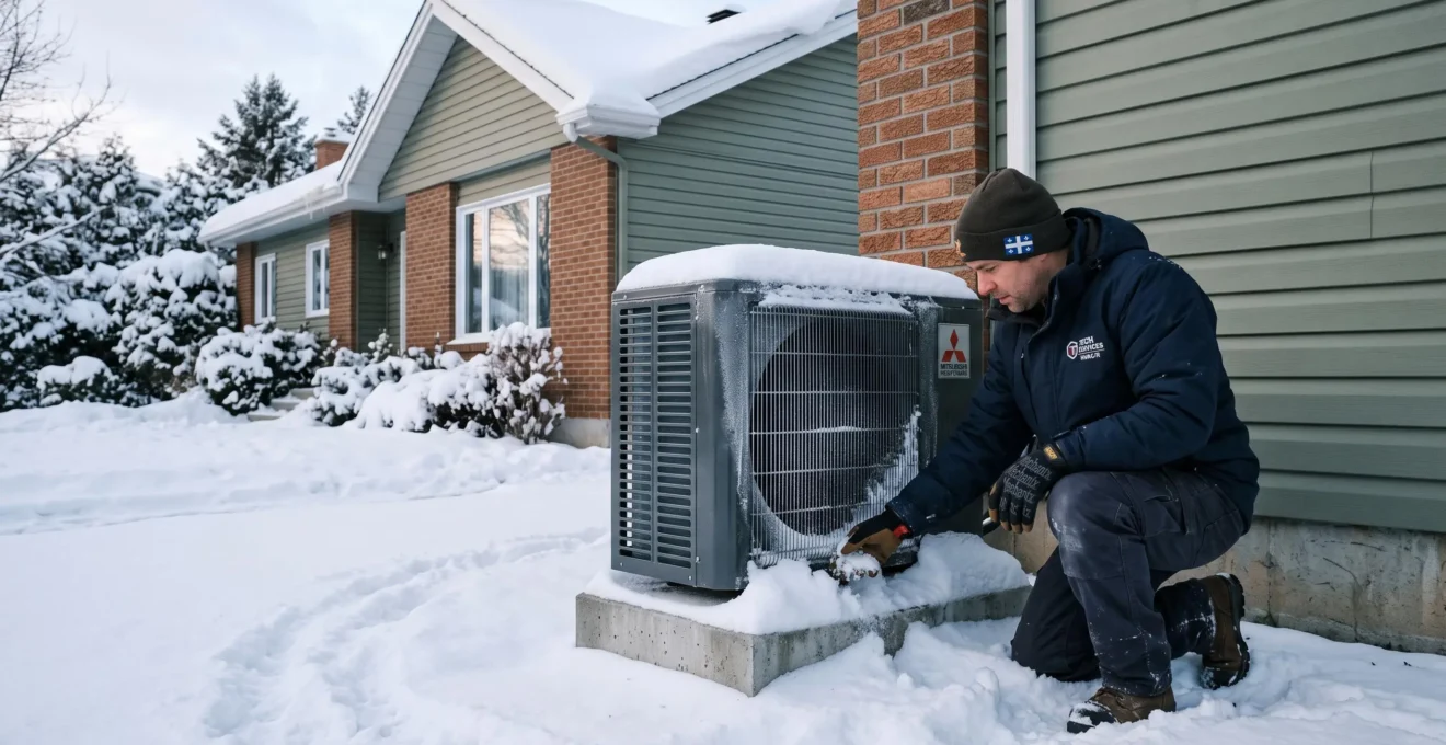 Un technicien dégage la neige autour d'une thermopompe extérieure en hiver.