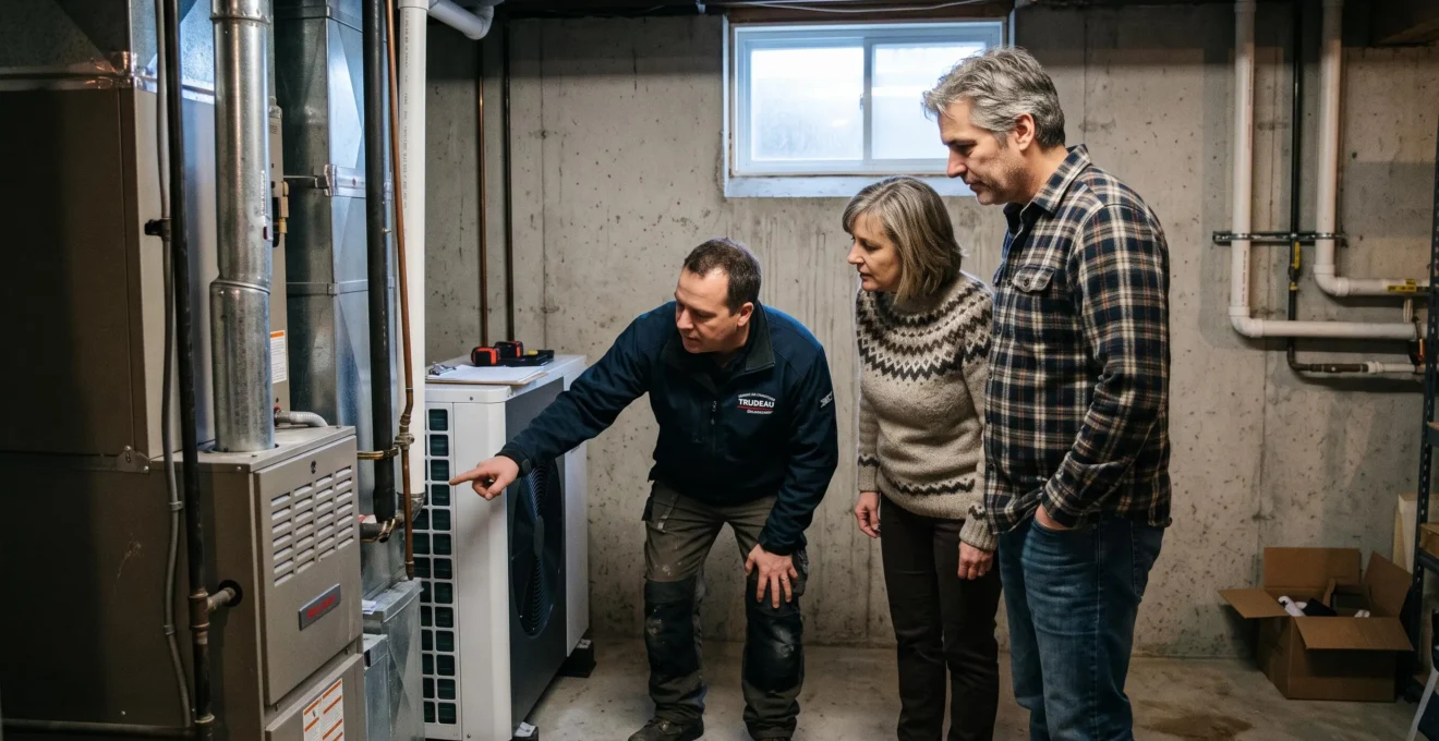 Un entrepreneur explique une thermopompe centrale à un couple dans un sous-sol.