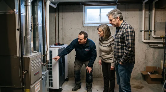 Un entrepreneur explique une thermopompe centrale à un couple dans un sous-sol.